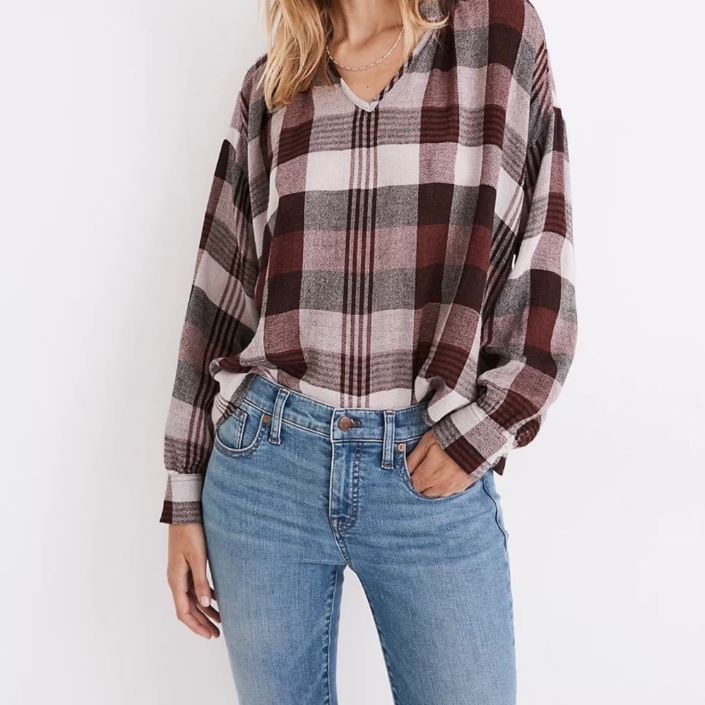 Madewell Women Plaid Blouse Size Small Split neck relaxed fit‎ ballon sleeves